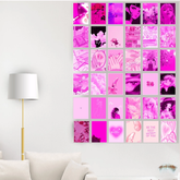 Dripster pink aesthetic wall collage kit displayed as a vibrant poster grid on a white living room wall
